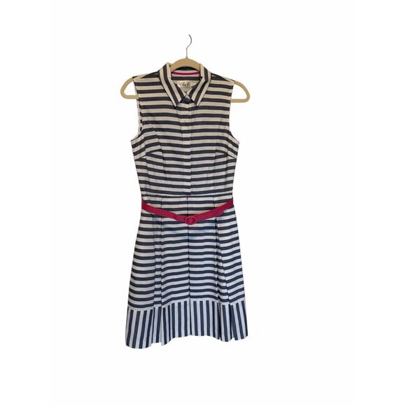 Eliza J Women's 6 Blue White Pink Striped Fit Flare Sleeveless Belted Dress - Picture 3 of 13